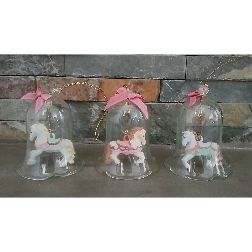 Carrousel Bells Crystal Glass Horse Ornaments Vintage Set of 3 Holiday Tree Deco